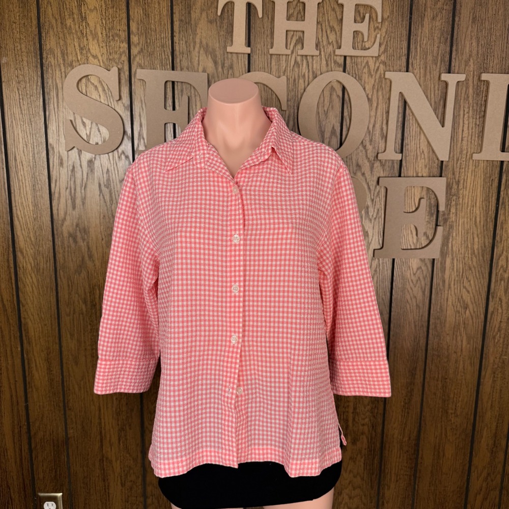 White Stag Button Up Shirt Wmn M Pink Gingham Seersucker Cottagecore Boho Retro